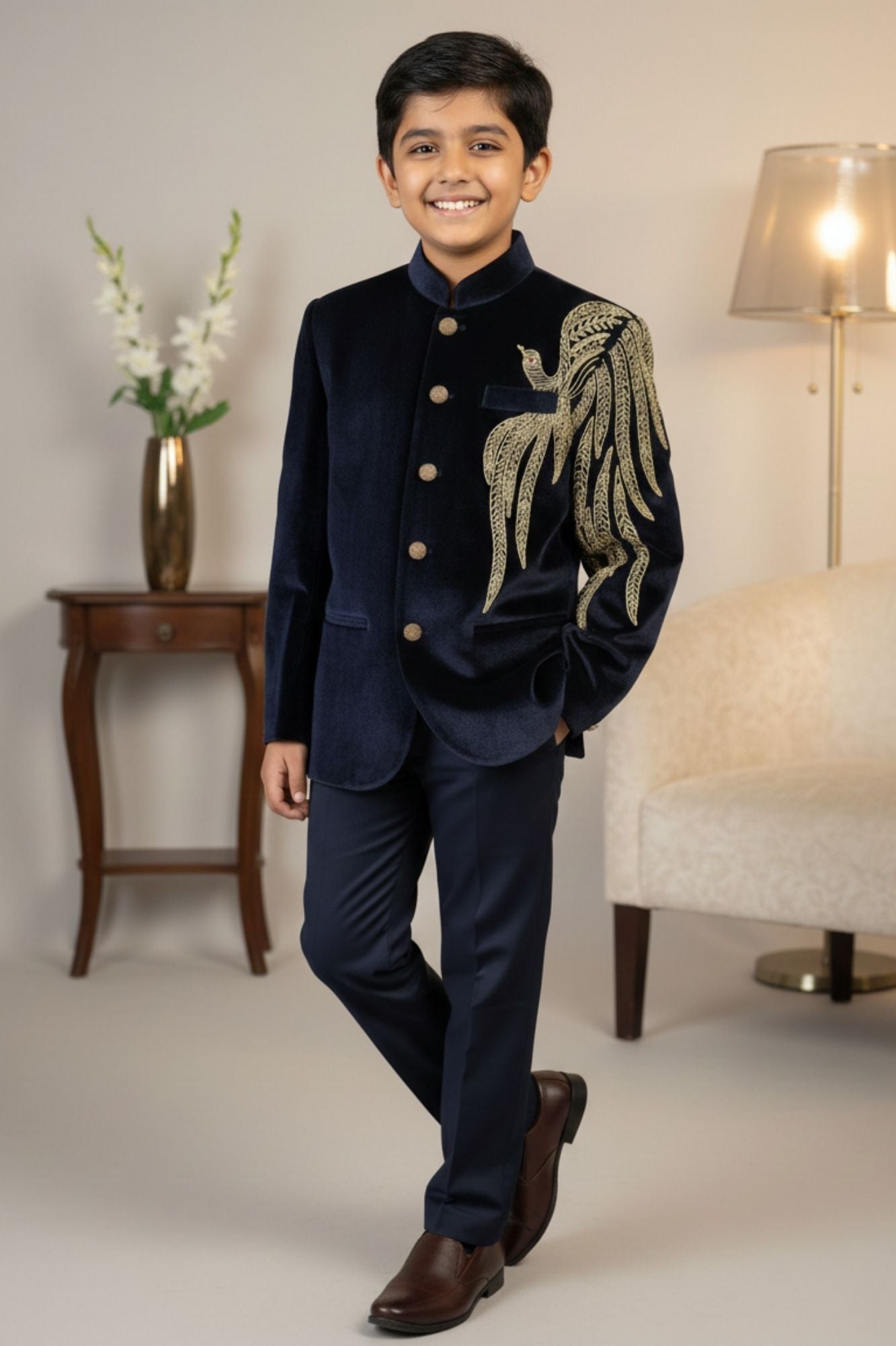 Navy Blue Embroidered Jodhpuri Suit Set With Golden Peacock Motif For Boys