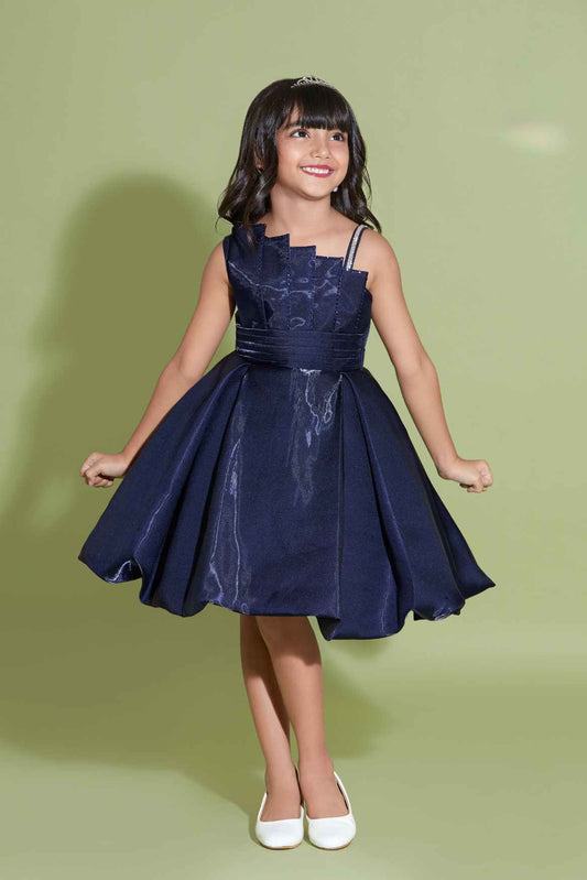 Stylish Shimmer Navy Blue Satin Frock For Girls