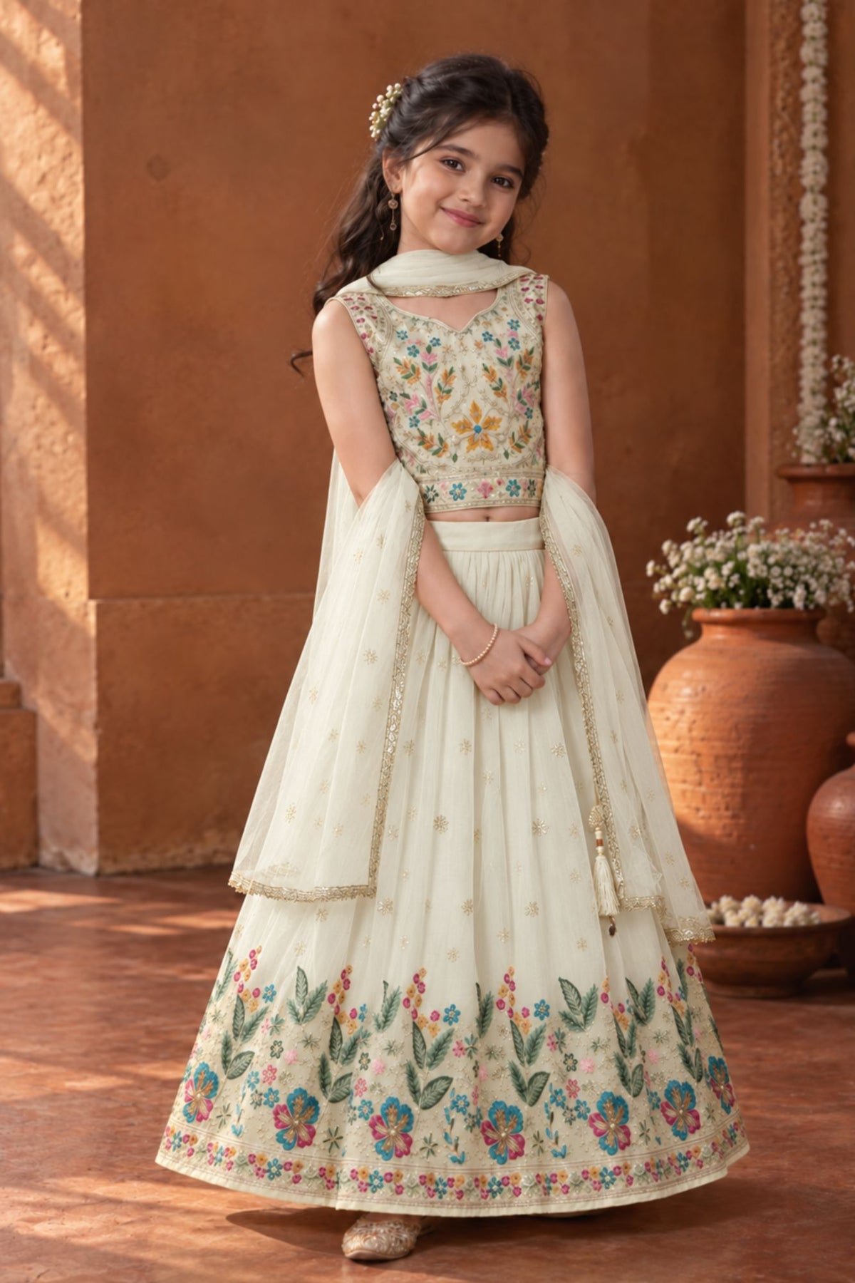 Cream Multicolor Embroidered Lehenga Choli For Girls