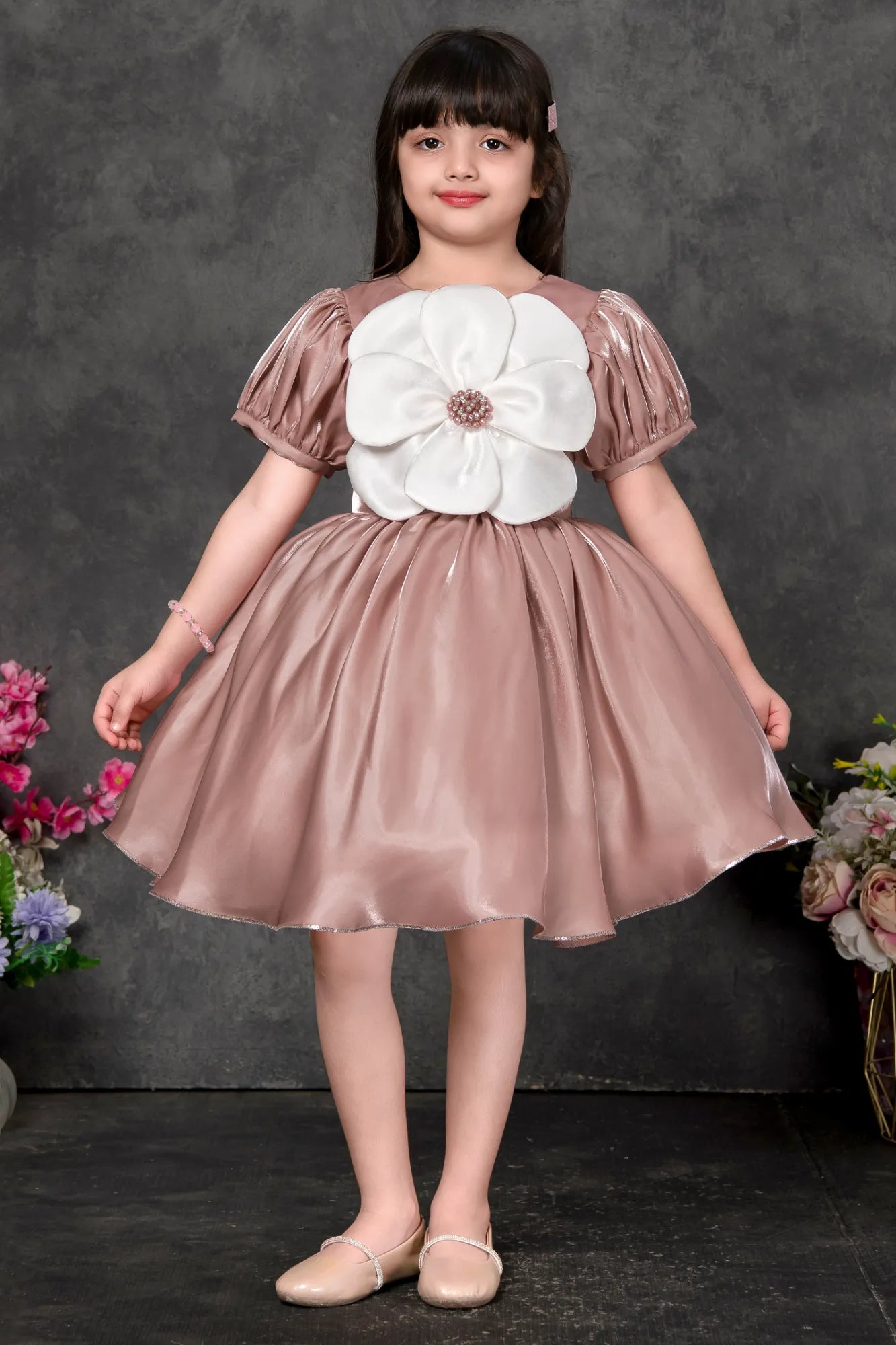 Peach Party Frock with Oversized Floral Appliqué For Girls