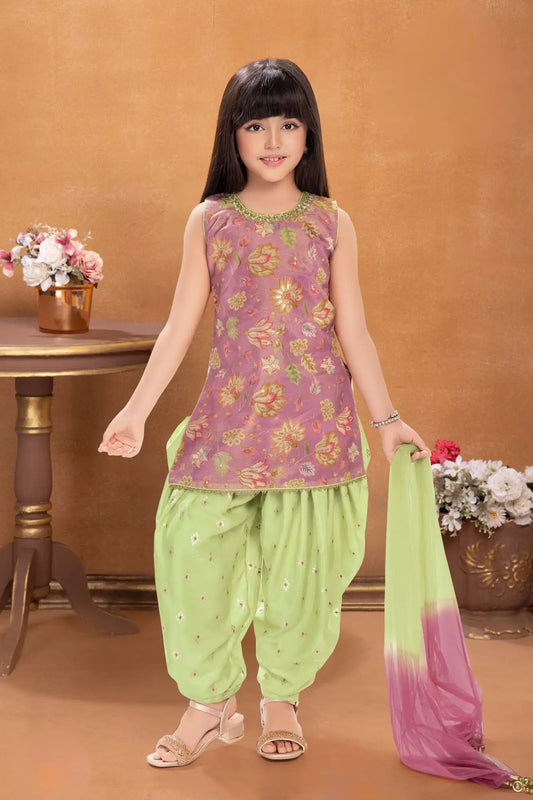 Pink And Pista Green Floral Woven Patiala Set with Dupatta For Girls