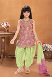 Pink And Pista Green Floral Woven Silk Patiala Set with Dupatta For Girls