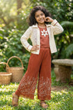 Brown Co-ord Set with Cream Lace Jacket & Floral Motif Top For Girls
