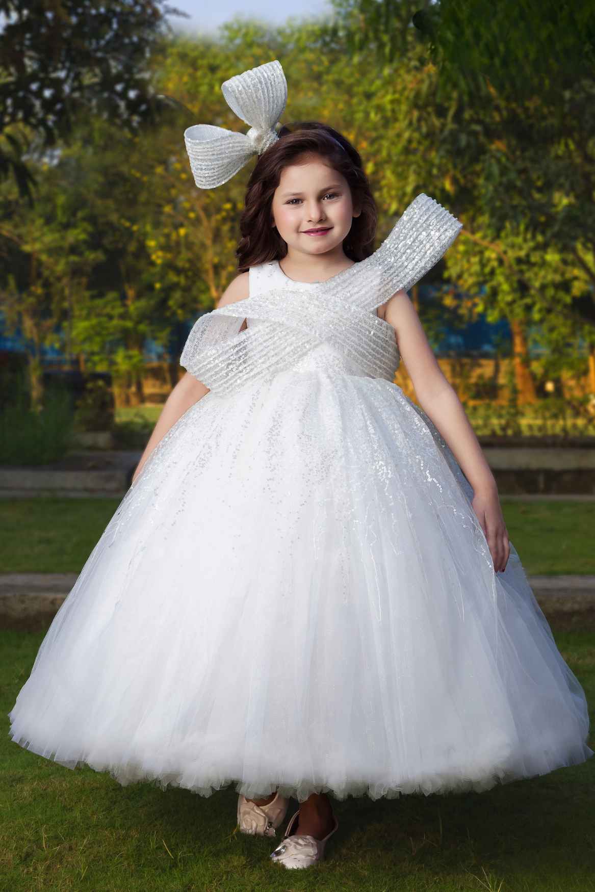 White Sequin Ball Gown With Crossover Bow For Girls