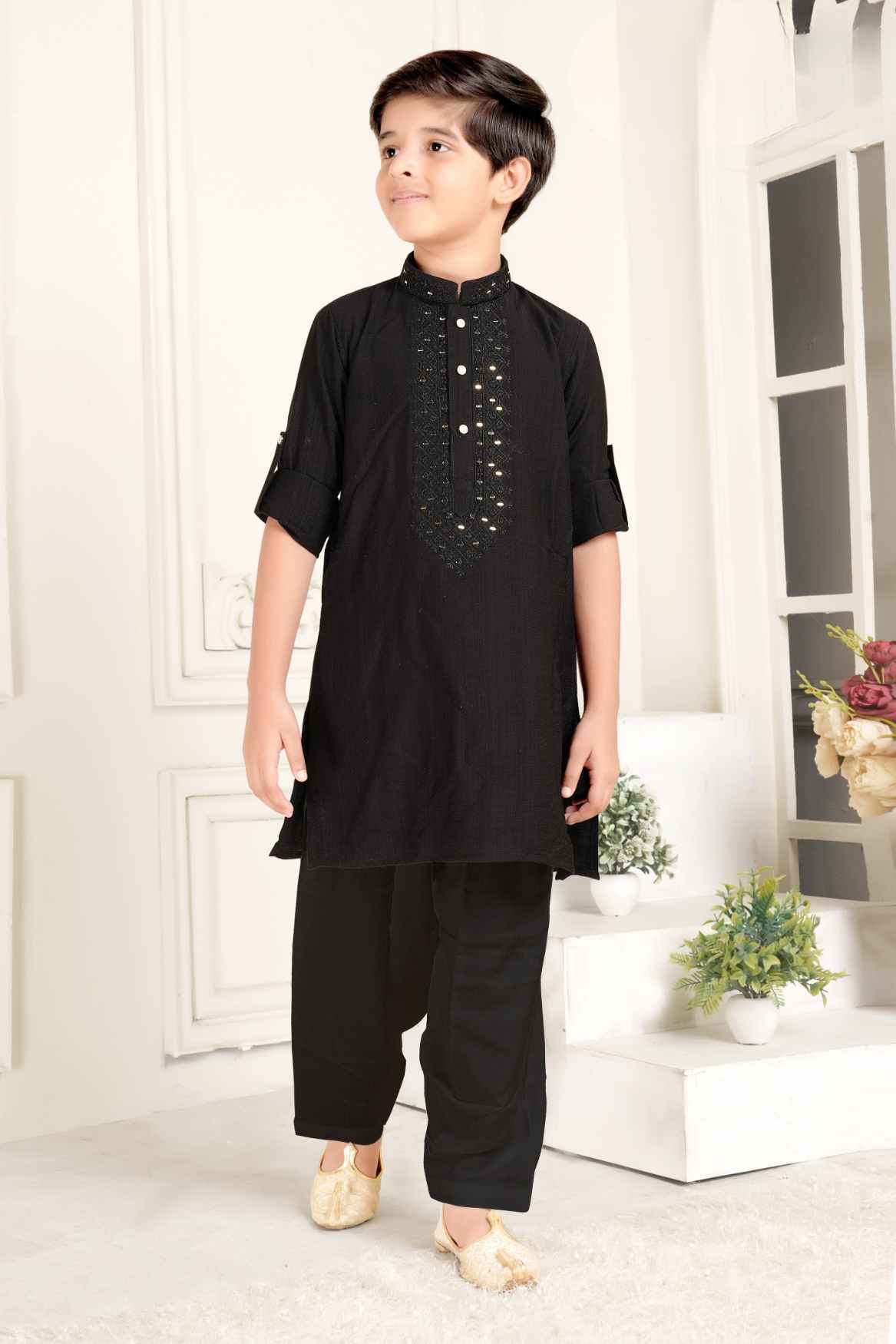 Black Mirror Work And Embroidery Pathani Kurta Set For Boys