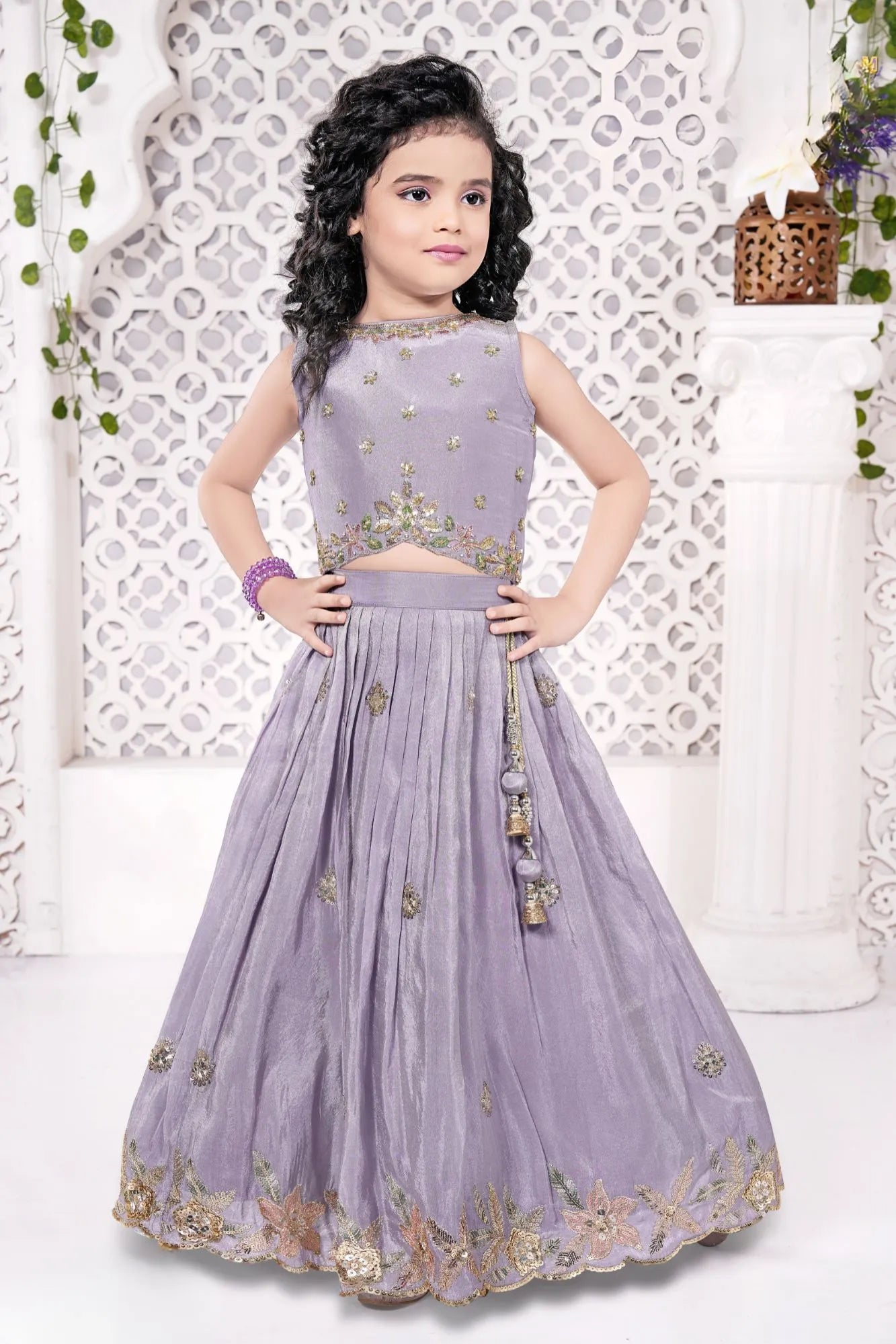 Lilac Embroidered Lehenga Choli For Girls