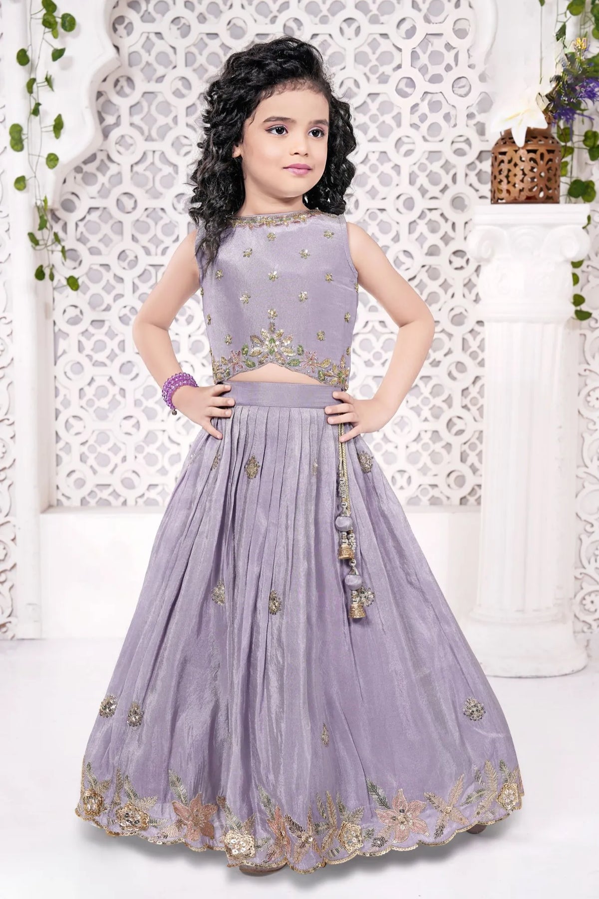 Lilac Embroidered Lehenga Choli For Girls
