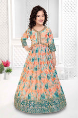 Peach Floral Printed Gown With Sequin Embroidery Work For Girls