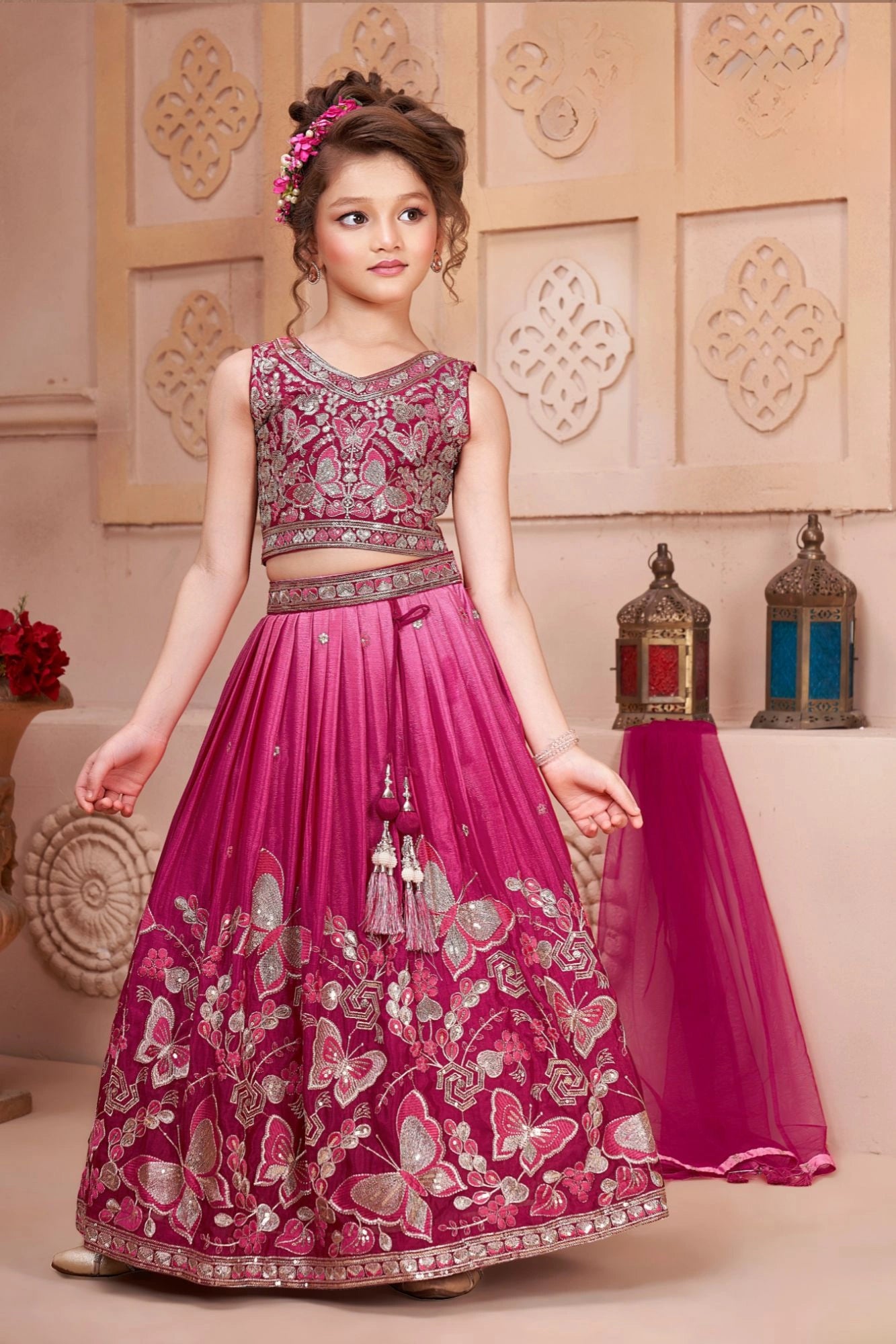 Rani Pink Butterfly Embroidered Lehenga Choli Set For Girls