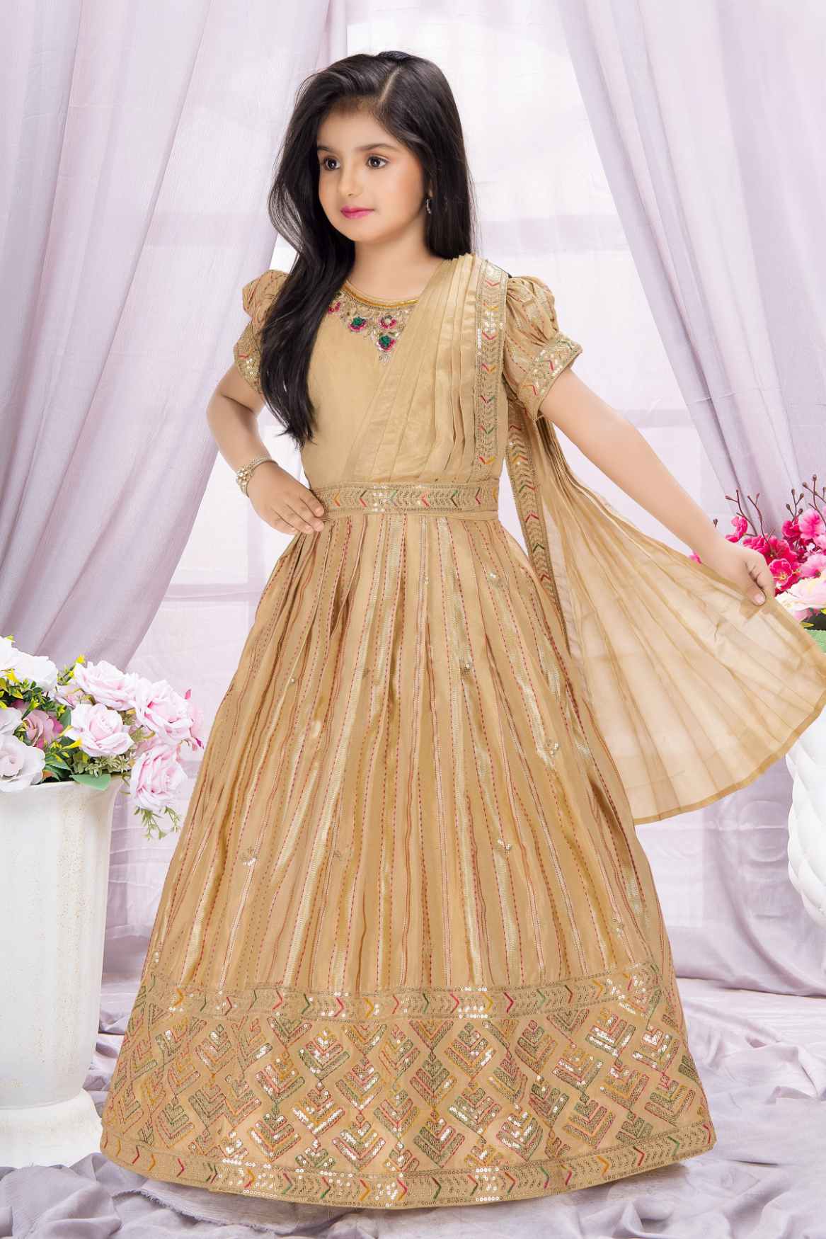 Golden Beige Sequins Embroidered Ethnic Gown with Dupatta for Girls