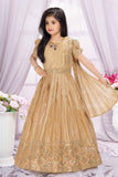Golden Beige Sequins Embroidered Ethnic Gown with Dupatta for Girls