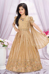 Golden Beige Sequins Embroidered Ethnic Gown with Dupatta for Girls