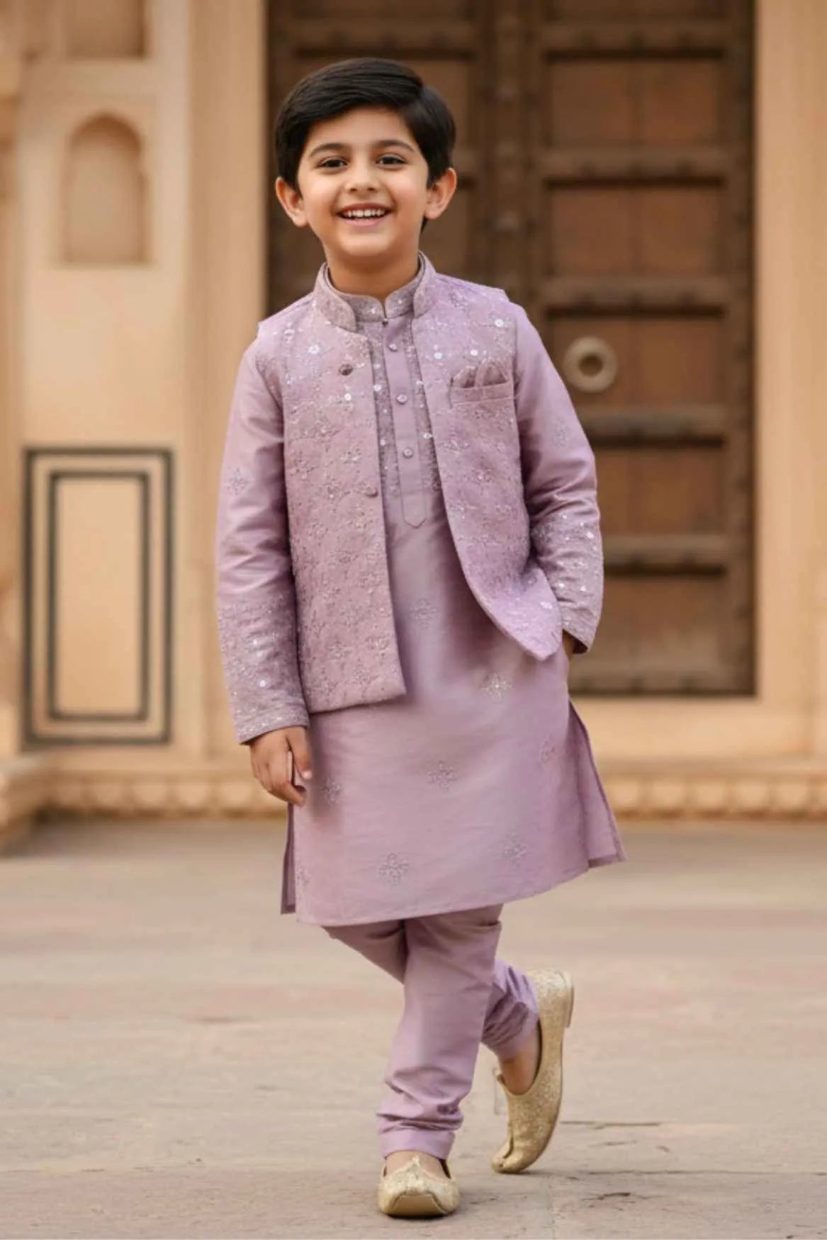 Mauve Embroidered Kurta Set with Nehru Jacket For Boys