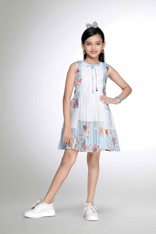 Blue Floral Printed Casual Frock For Girls