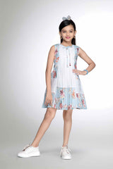 Blue Floral Printed Casual Frock For Girls