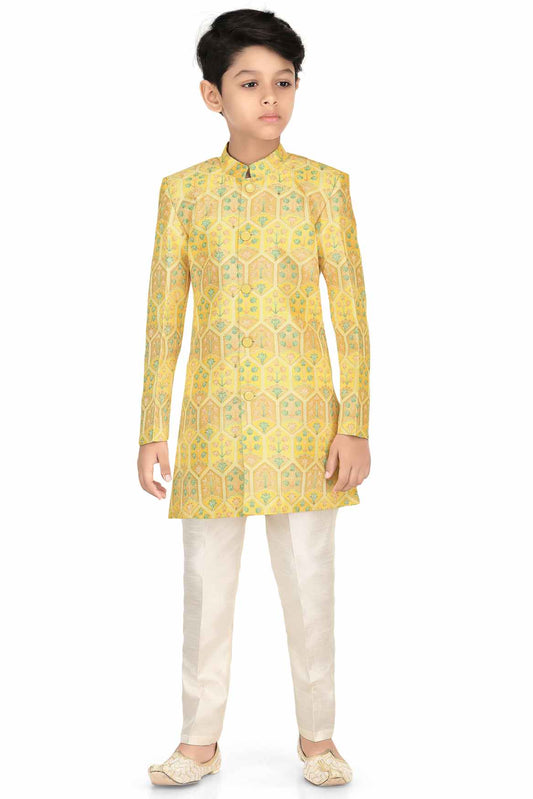 Classic Yellow Printed Sherwani With White Pant For Boys