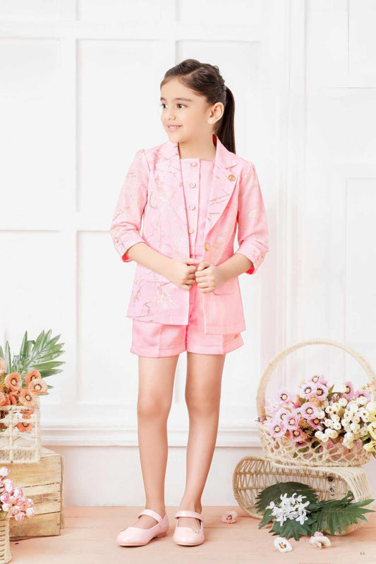 Trendy Pink Shorts Co Ord Set With Over Coat For Girls - Lagorii Kids