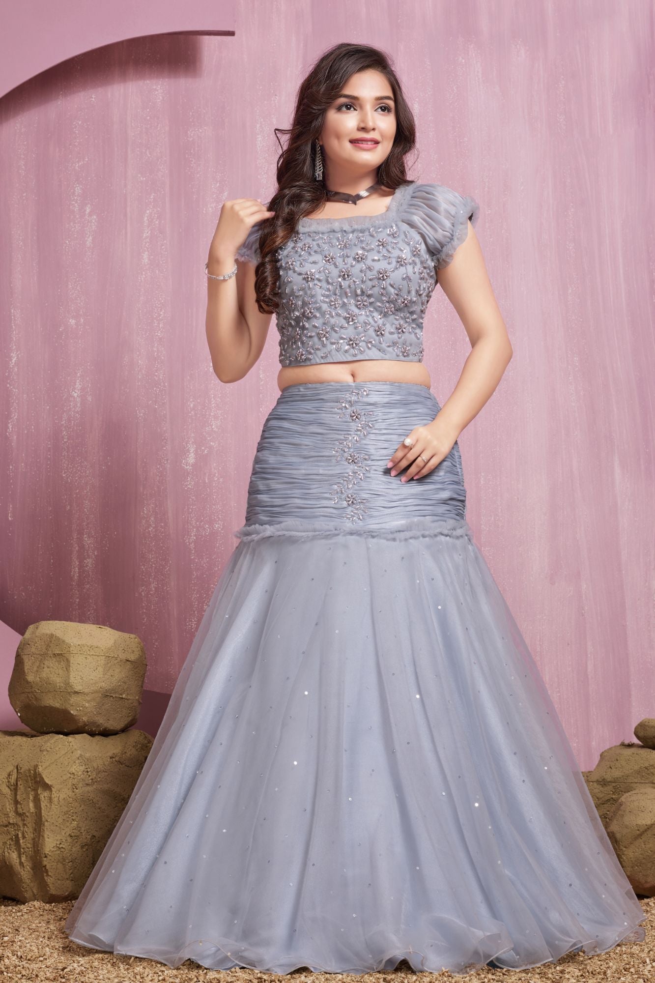 Powder Blue Embellished Mermaid-Style Lehenga Choli For Girls