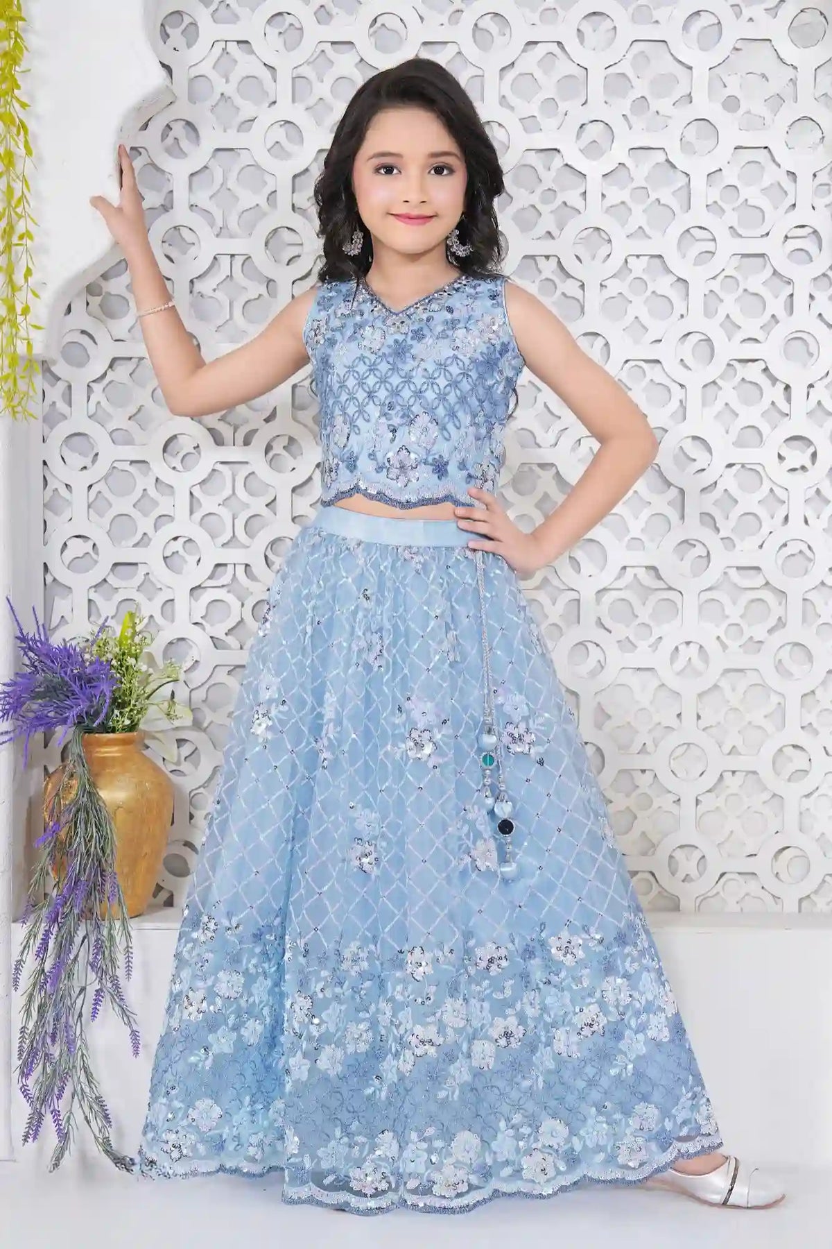 Sky Blue Embroidered Lehenga Choli with Sequin and Thread Work For Girls