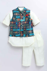 Blue Brocade Waist Coat With Cream Kurta And Pant Set For Boys