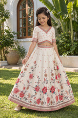 Ivory Floral Embroidered Lehenga Choli Set with Dupatta for Girls