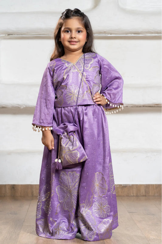 Designer Lavender Embroidered Palazzo Set with Potli Bag for Girls
