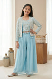 Blue Embroidered Palazzo Set With Mirror Work Jacket For Girls