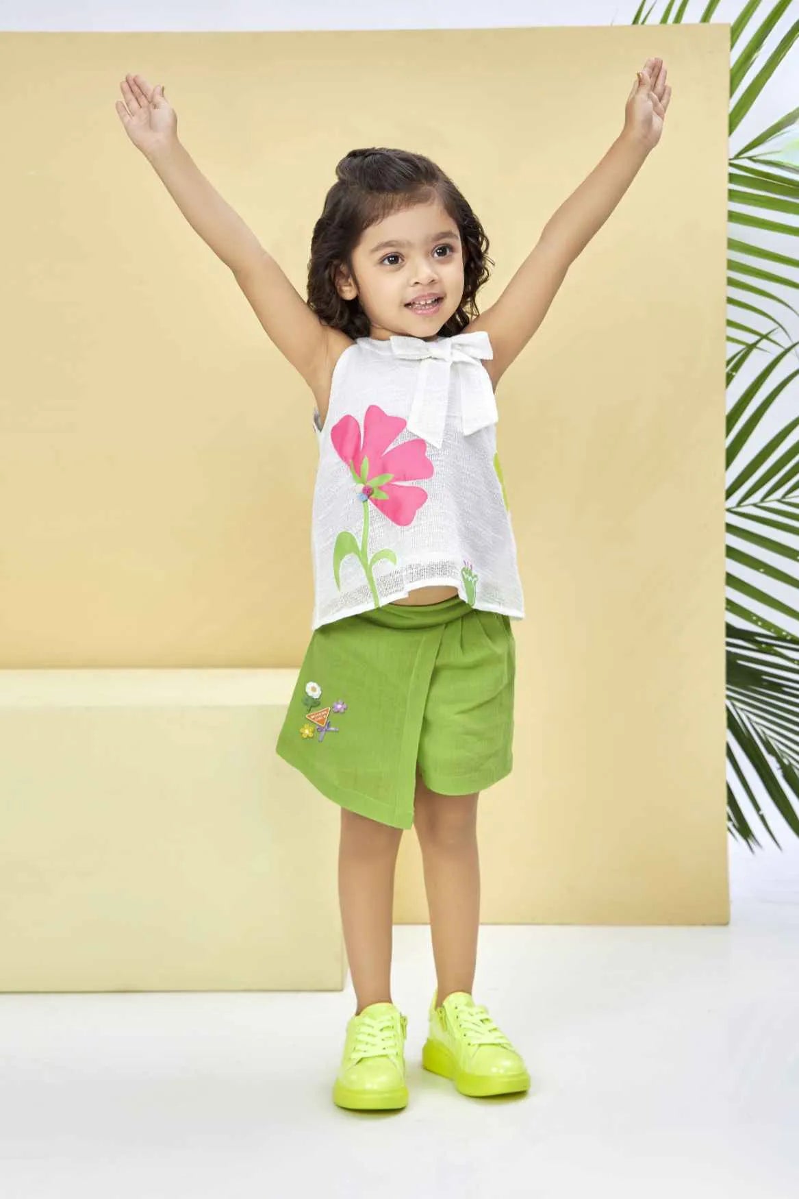 White Floral Top with Green Shorts Co ord Set For Girls
