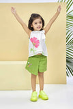 White Floral Top with Green Shorts Co ord Set For Girls