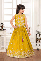 Mustard Sequins Work With Embroidered Lehenga Choli For Girls