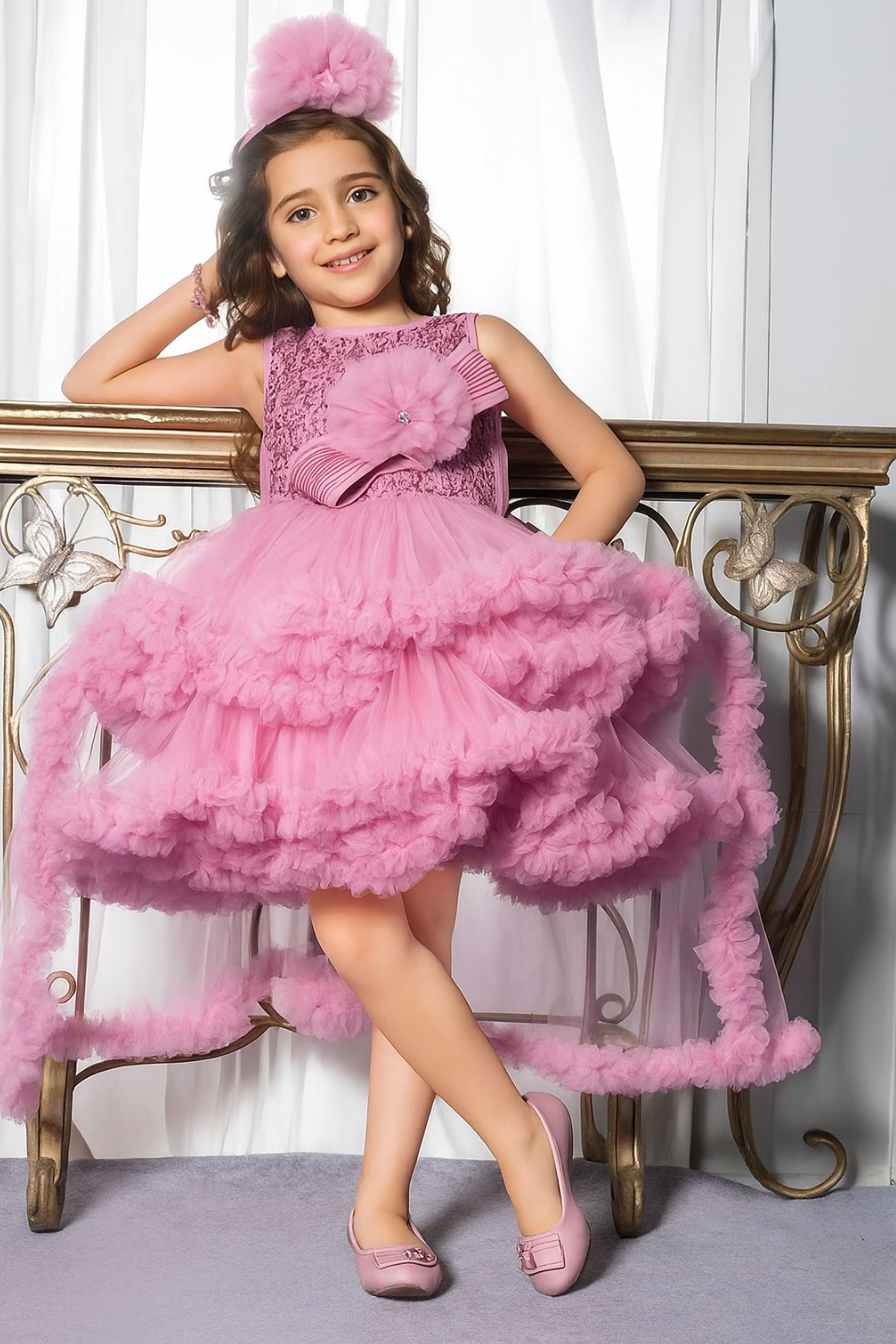 Bold Onion Pink High-Low Partywear Frock for Girls