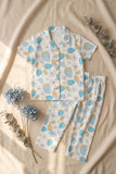 White Strawberry Floral Printed Night Suit Set For Girls