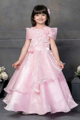 Designer Pink Satin Sequin And Floral Embellished Gown For Girls