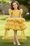 Yellow Ruffle Tailback Party Frock with Sparkle Belt For Girls