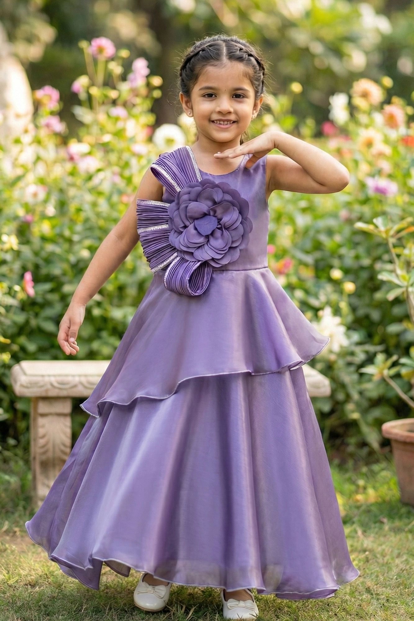 Purple Layered Party Gown with Oversized Floral Appliqué For Girls