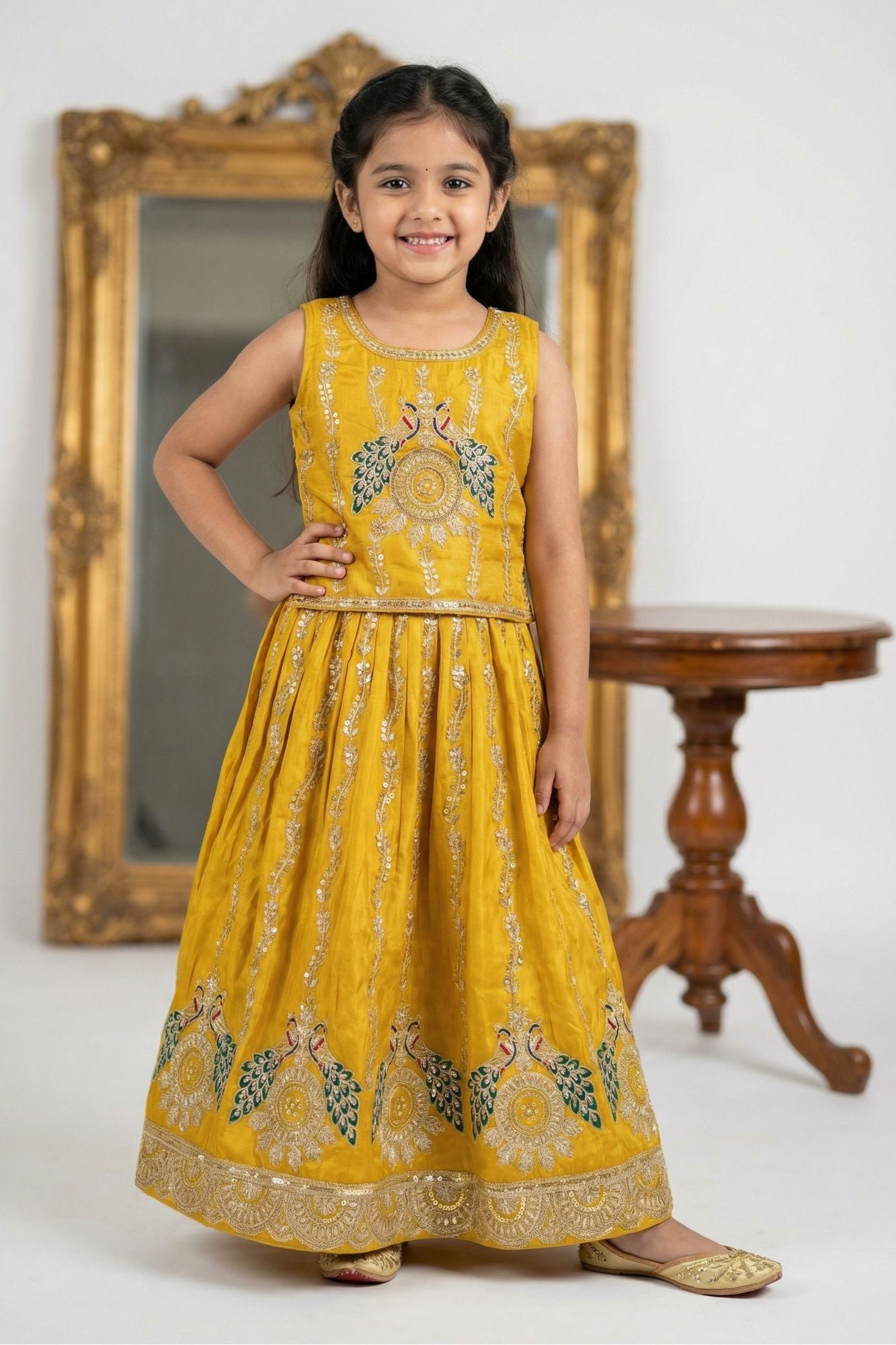 Mustard Yellow Peacock Embroidered Lehenga Choli for Girls