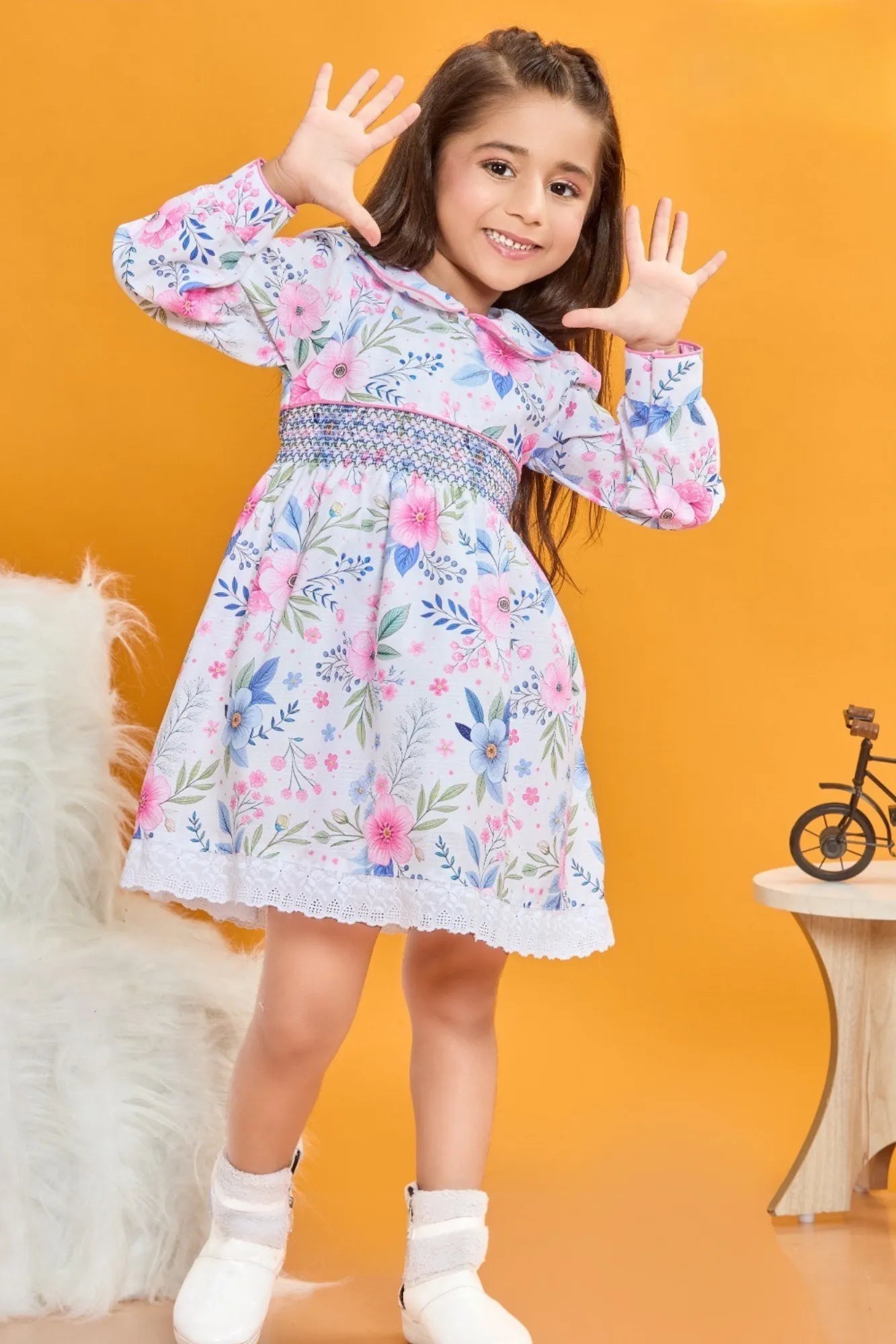 Pink & Blue Floral Dress with Peter Pan Collar For Girls