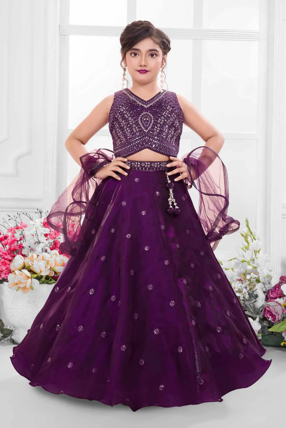 Deep Purple Embroidered Lehenga Choli Set for Girls