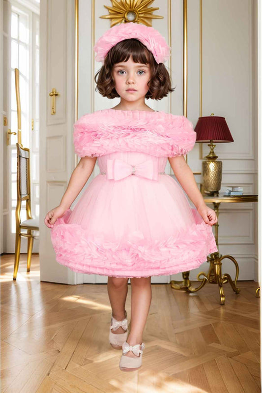 Pink Frock With Ruffled And Bow Embellished For girls