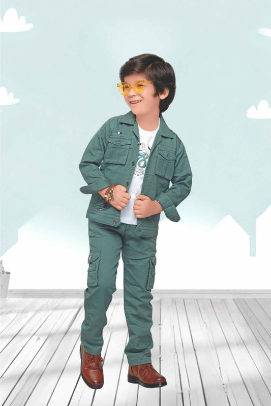 White Printed T Shirt With Green Jacket And Pant For Boys