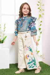 Blue 3/4th Sleeves Printed Crop Top With Cream Pant Set For Girls