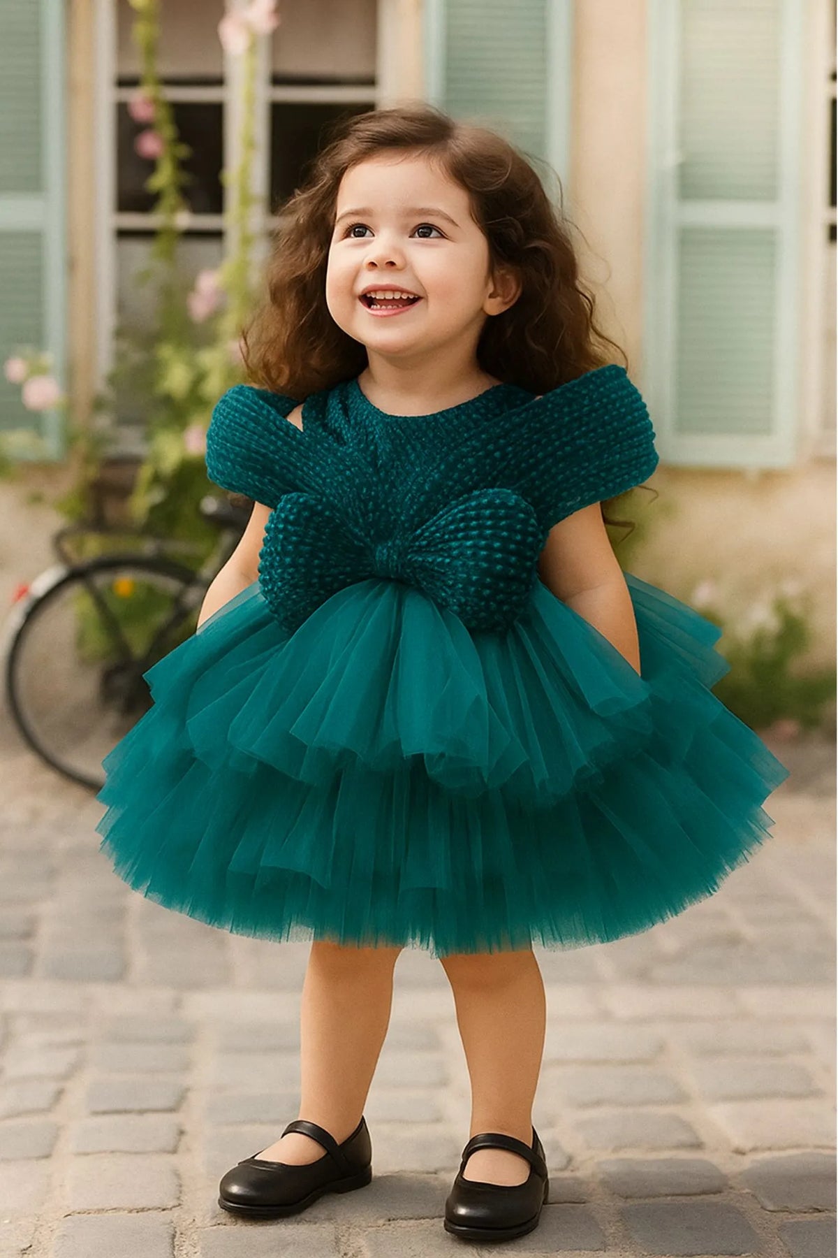 Teal Blue Party Wear Frock with Oversized Bow For Girls