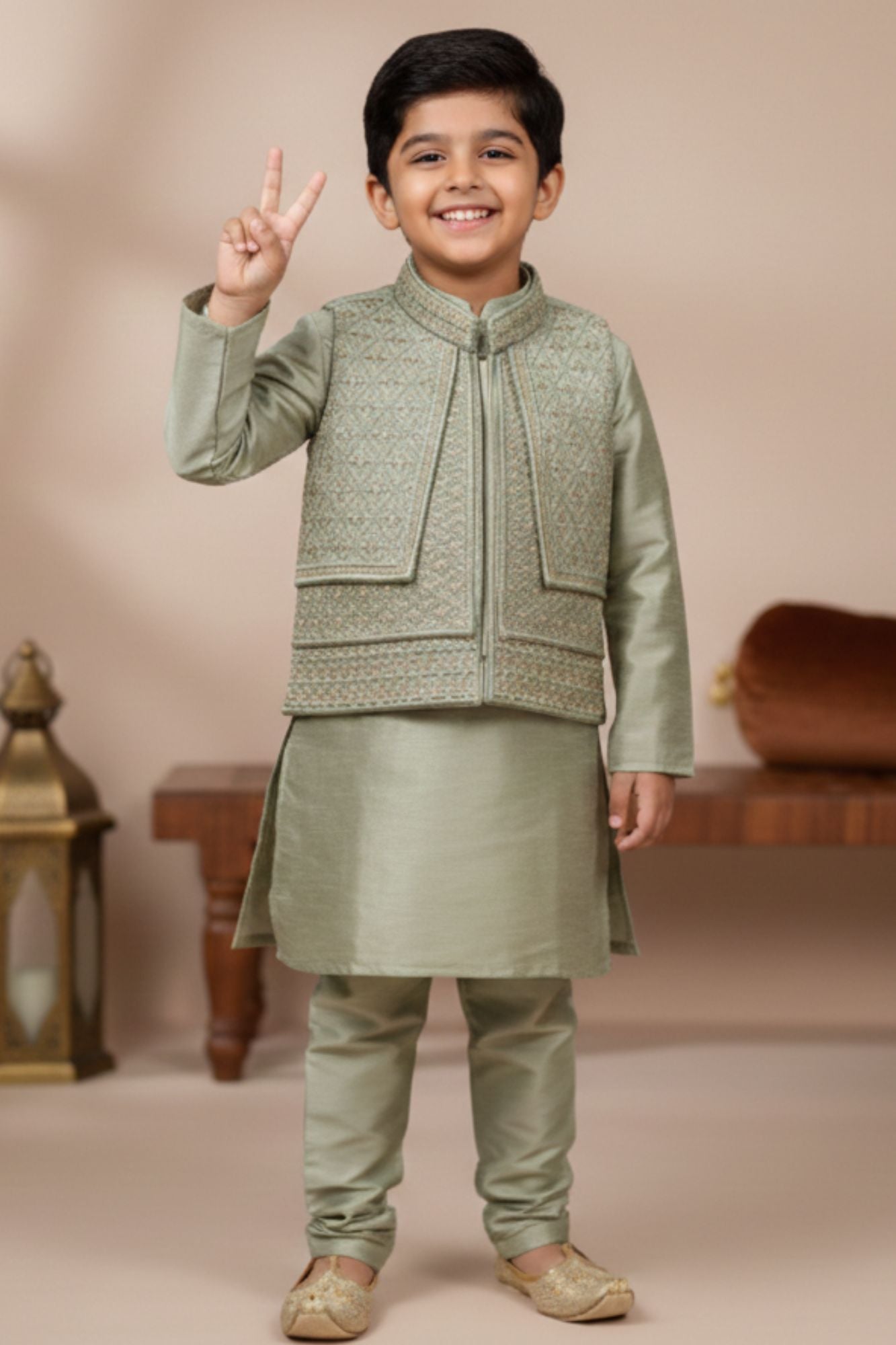 Pista Green Embroidered Kurta Pajama Set with Ethnic Jacket for Boys