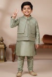Pista Green Embroidered Kurta Pajama Set with Ethnic Jacket for Boys