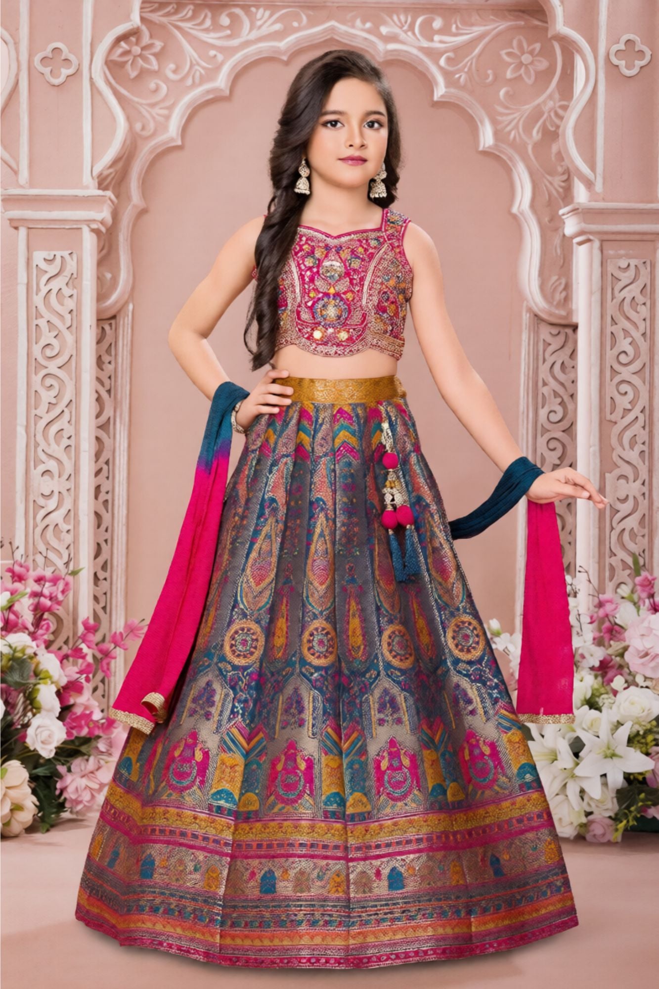 Designer Multicolor Embroidered Lehenga Choli Set With Dupatta For Girls