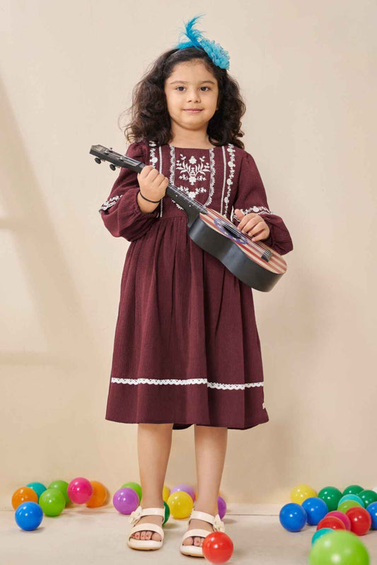 Maroon Casual Frock With Embroidery Work For Girls