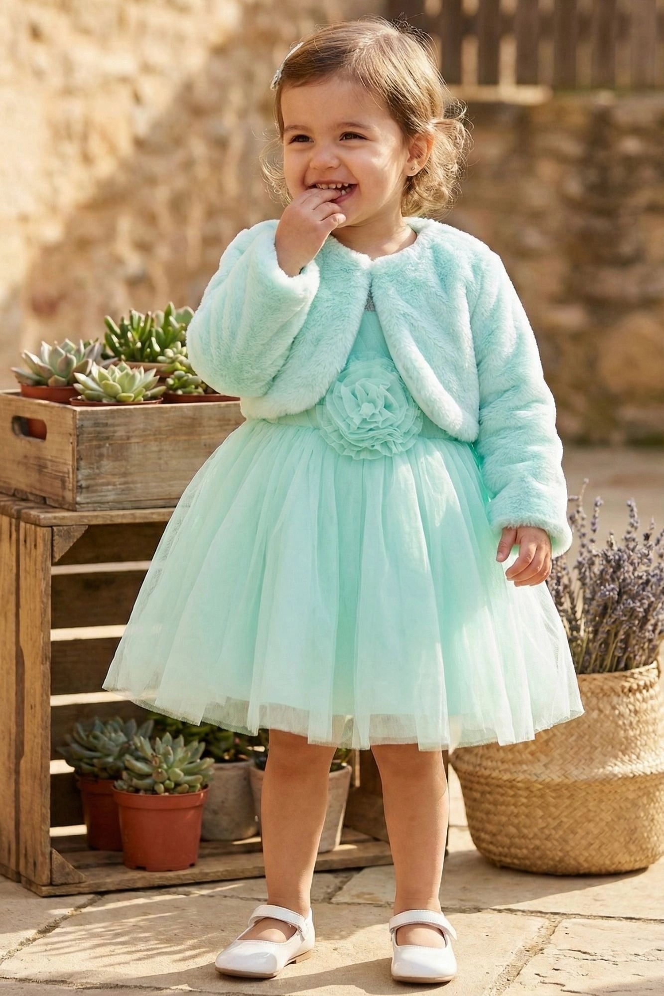 Mint Blue Party Wear Frock with Faux Fur Jacket For Girls