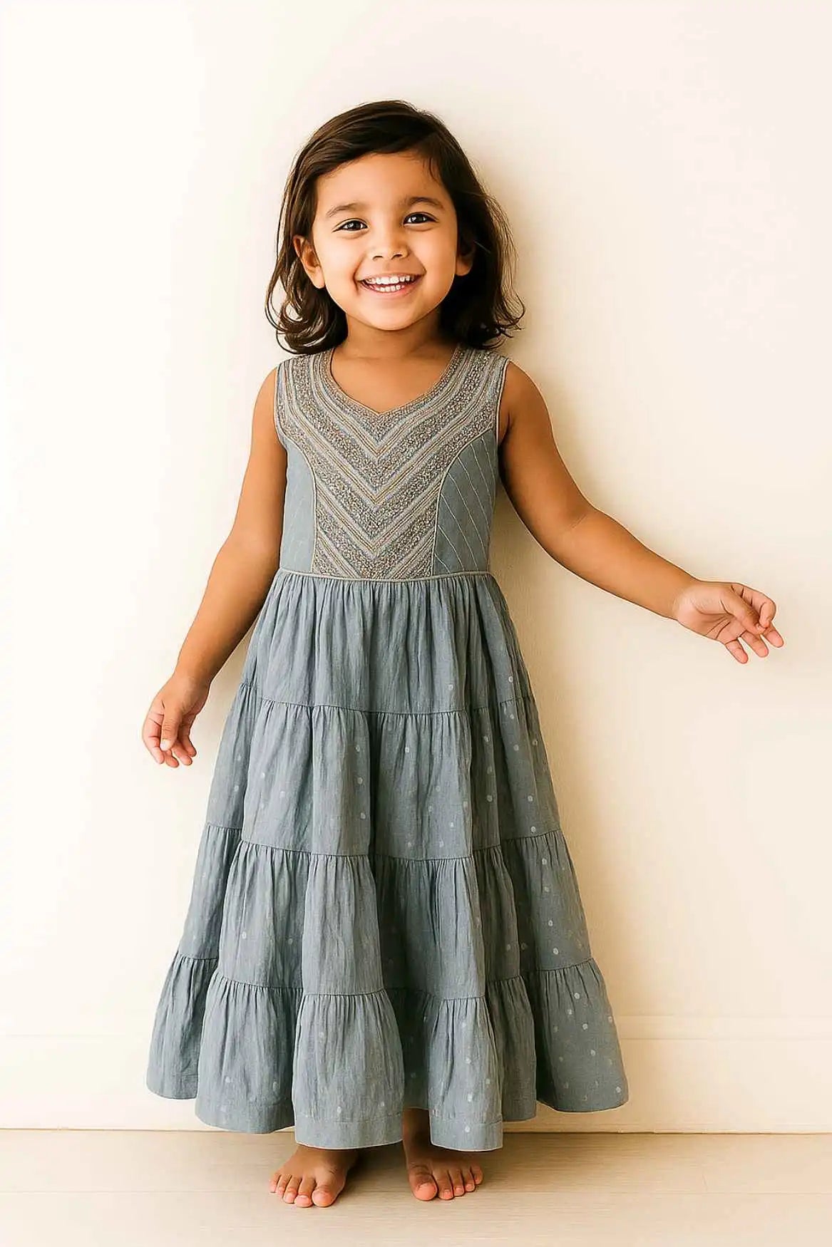 Grey Sleeveless Ethnic Gown With Embroidered Yoke For Girls