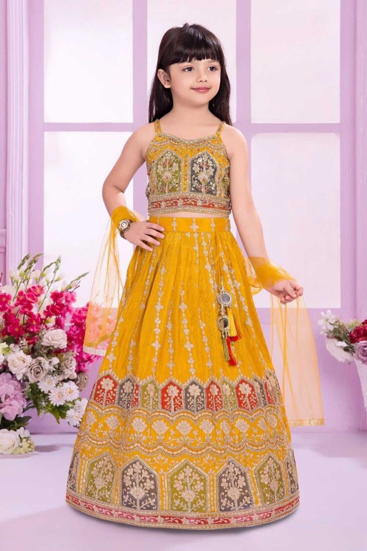 Yellow Embroidered Lehenga Choli Set with Dupatta & Tassel Detail For Girls