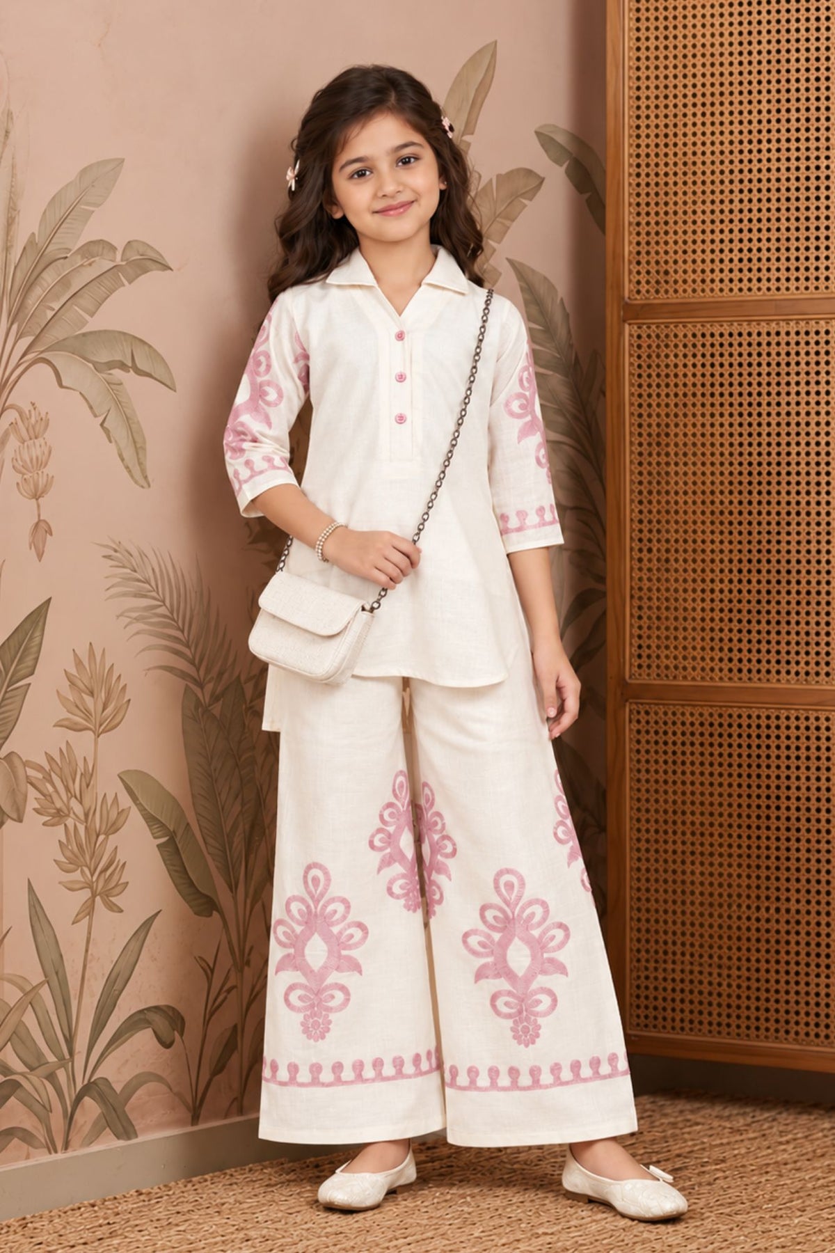 Girls Cream With  Pink Embroidered  Printed Kurta Palazzo Set Set For Girls